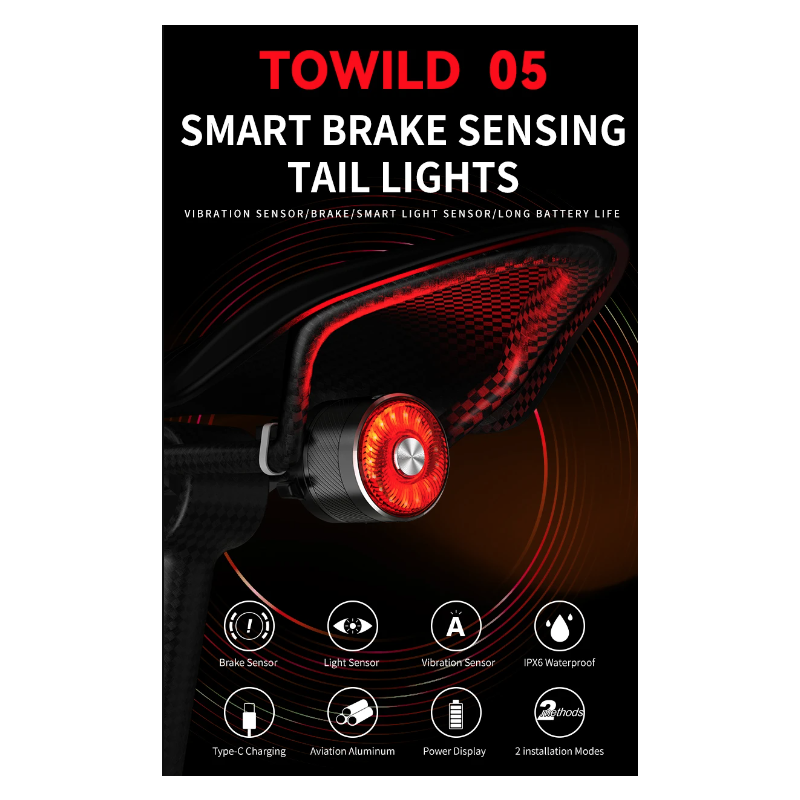 Feu arrière vélo TOWILD TL05 détection automatique freinage étanchéité IPX6 éclairage LED USB sécurité cycliste