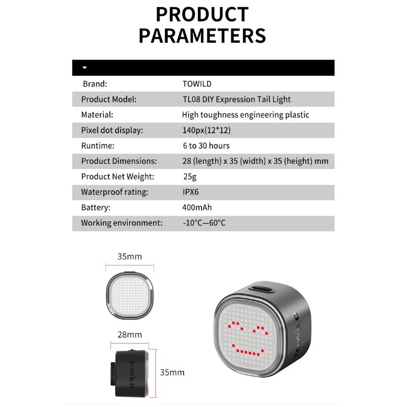 TOWILD TL08 Feu arrière vélo personnalisé | RGB, GIF, texte | Frein, USB-C | Sécurité & visibilité cycliste