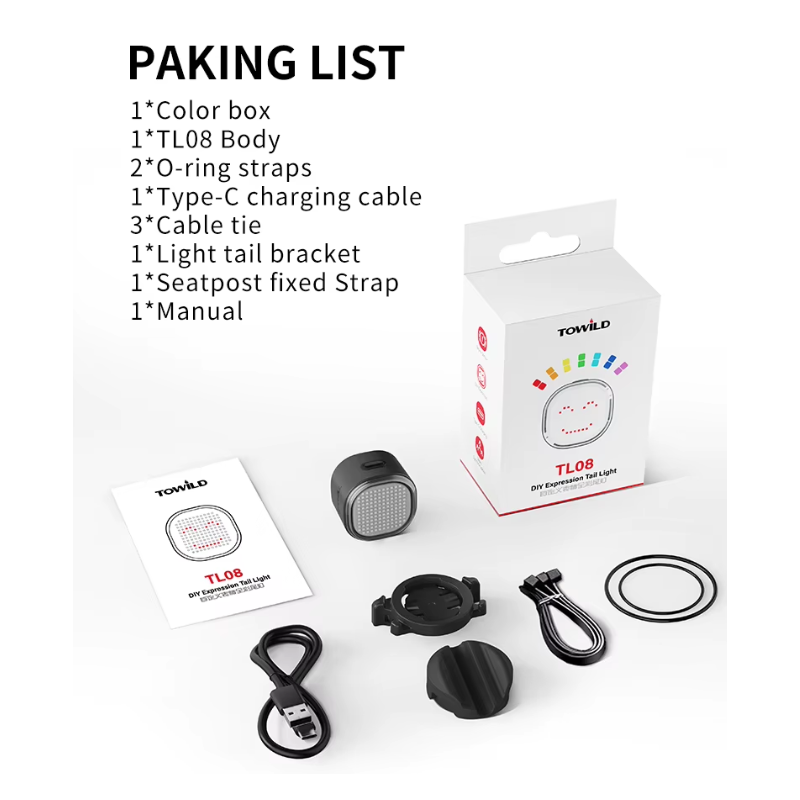 TOWILD TL08 Feu arrière vélo personnalisé | RGB, GIF, texte | Frein, USB-C | Sécurité & visibilité cycliste