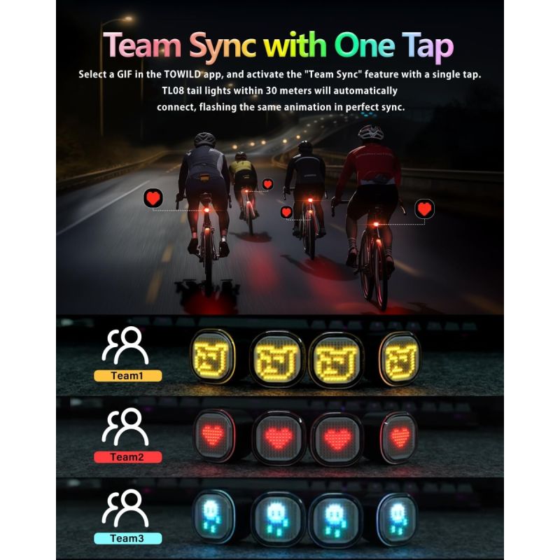 TOWILD TL08 Feu arrière vélo personnalisé | RGB, GIF, texte | Frein, USB-C | Sécurité & visibilité cycliste