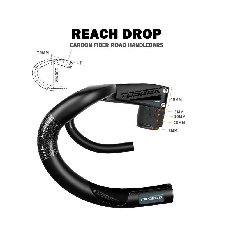 Tolooking TR5500 vélo de route tige en fibre de carbone guidon intégré ultra léger finition noir mat diamètre 28.6 mm