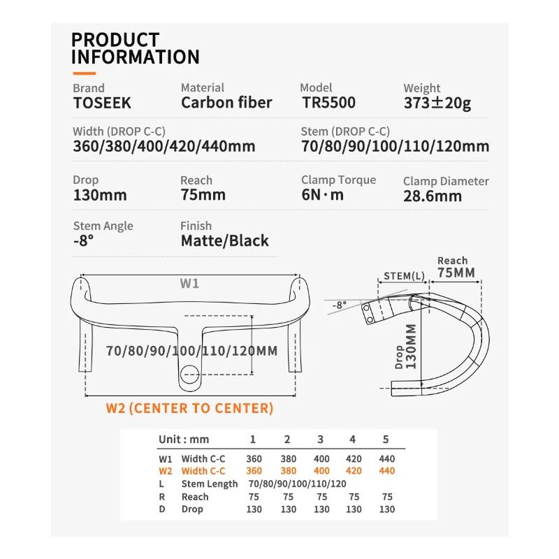 Tolooking TR5500 vélo de route tige en fibre de carbone guidon intégré ultra léger finition noir mat diamètre 28.6 mm