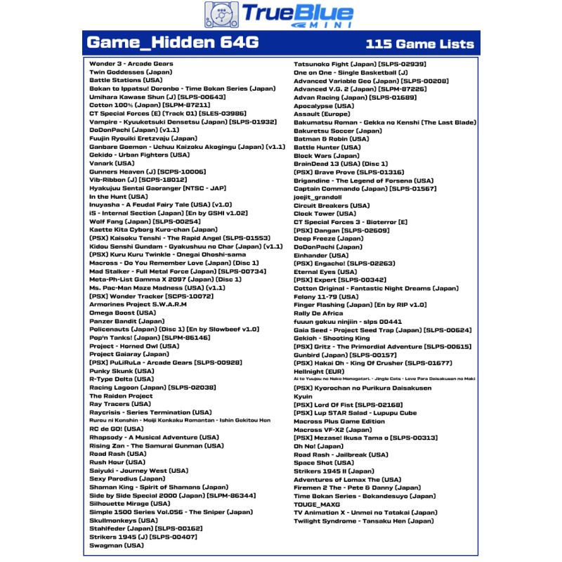 True Blue Mini Crackhead 64G Fight Pack PS ONE MINI Accessoire de Jeu Plug and Play Nostalgie Titres PS1