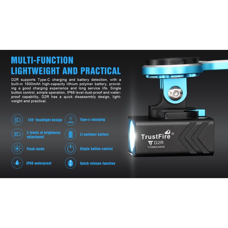 TrustFire D2R Lumière Avant Vélo 450LM Rechargeable Type-C Étanche IP66 Sécurité Design Projecteur Cyclisme