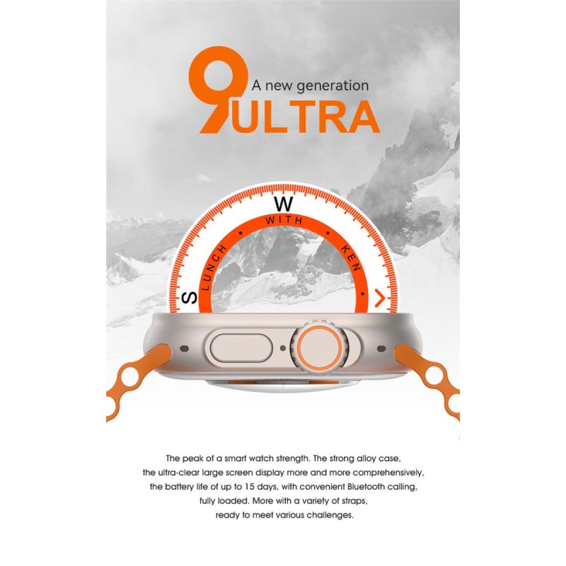 Smartwatch Ultra 9 49mm, appels Bluetooth, GPS, NFC, IP68 étanche, Android/iOS.