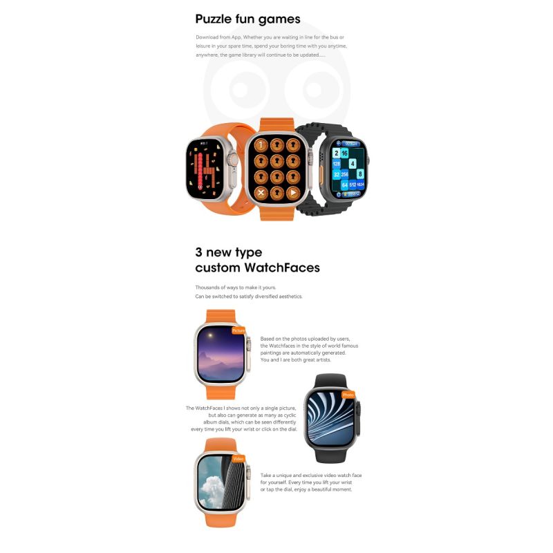 Smartwatch Ultra 9 49mm, appels Bluetooth, GPS, NFC, IP68 étanche, Android/iOS.