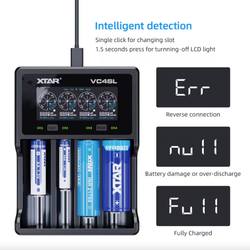 XTAR VC4SL Chargeur de Batterie 18650 21700 USB Type-C QC3.0 Recharge Rapide Ni-MH Lithium Polyvalent