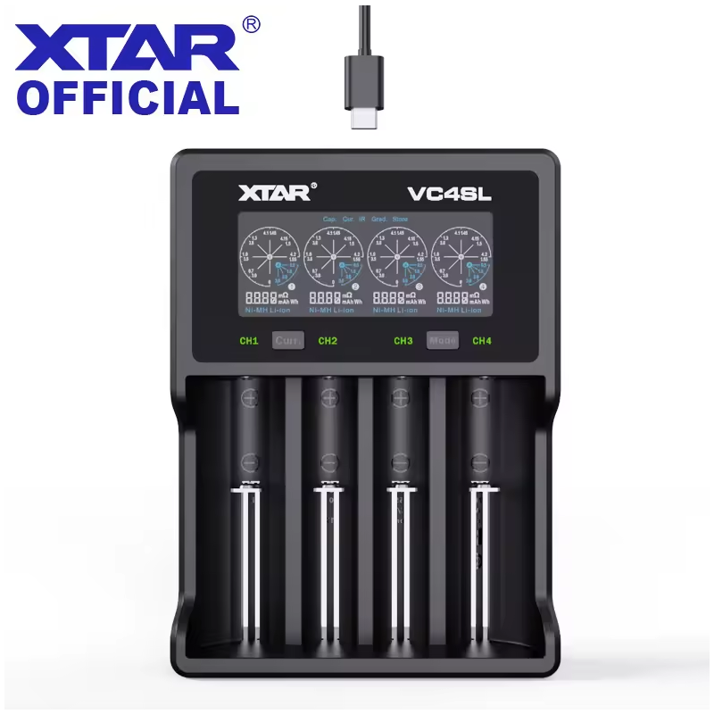 XTAR VC4SL Chargeur de Batterie 18650 21700 USB Type-C QC3.0 Recharge Rapide Ni-MH Lithium Polyvalent