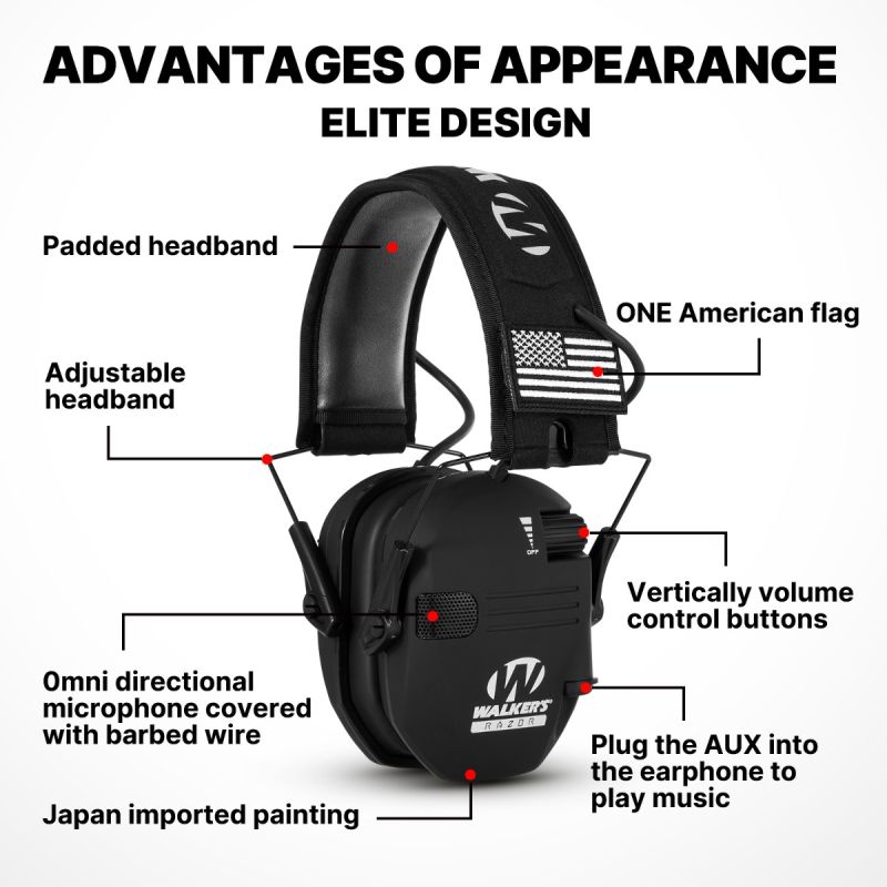 Walkers Razor Earmuffs Casque Actif Confort et Réduction du Bruit avec Microphones Omnidirectionnels pour Chasse