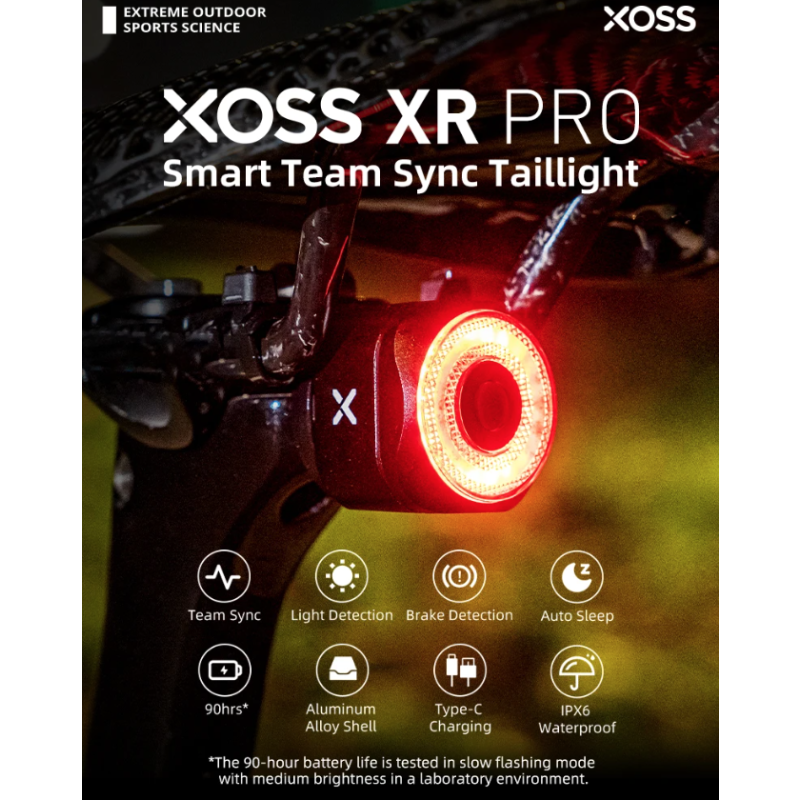 Feu arrière de vélo XOSS XR Pro éclairage LED intelligent sécurité et visibilité avec détection de frein automatique