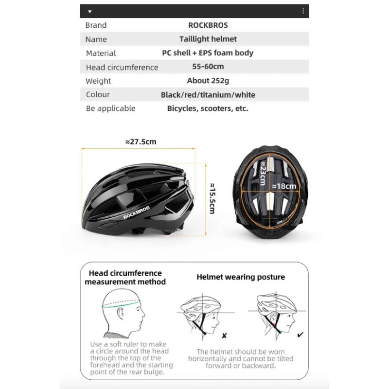Casque de vélo ROCKBROS avec feu arrière LED rechargeable ultraléger protection cycliste et visibilité