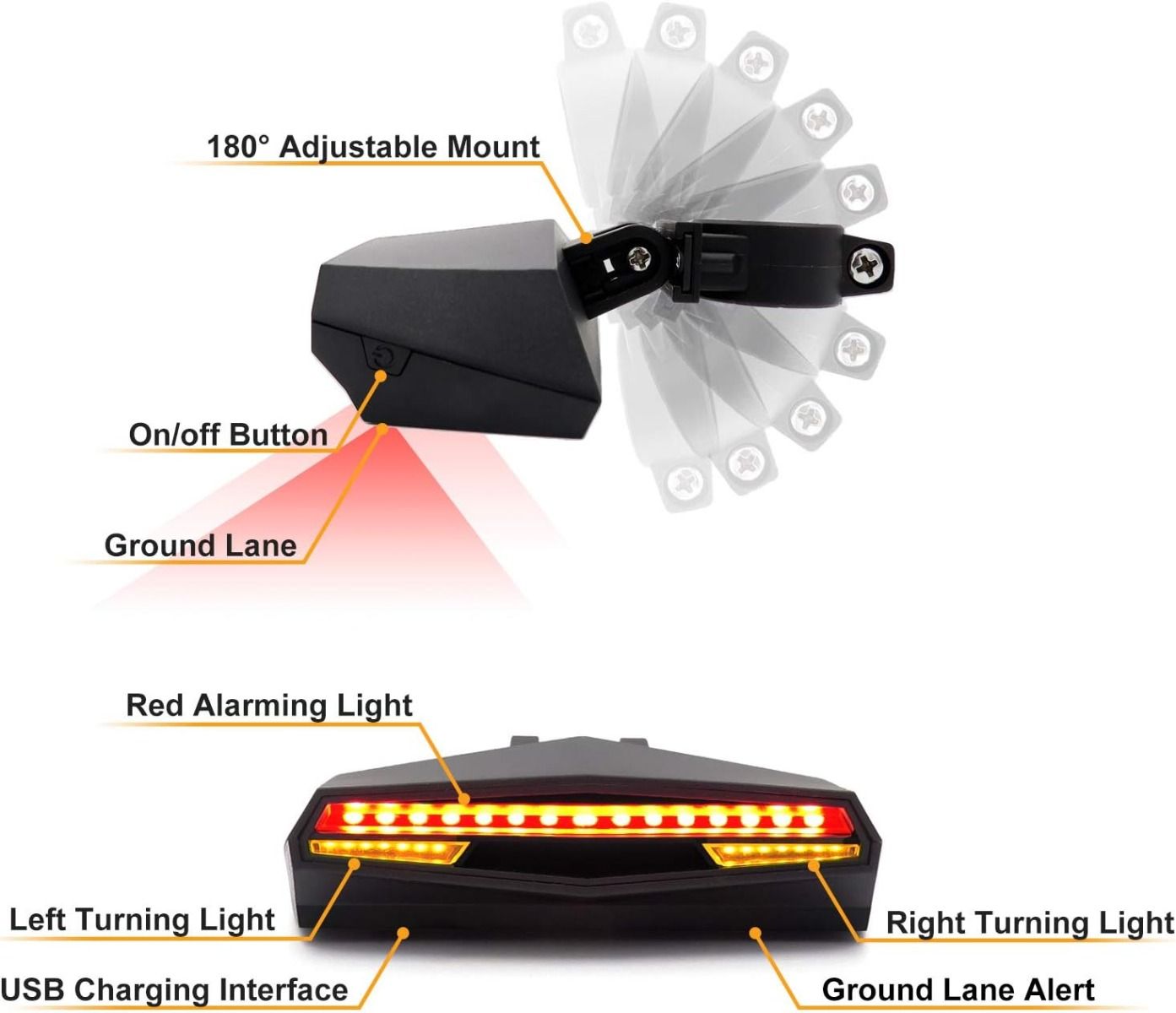C1 Feu arrière de vélo rechargeable LED - Télécommande, feux de virage, alerte de voie au sol, installation facile pour feu d'avertissement de sécurité cycliste