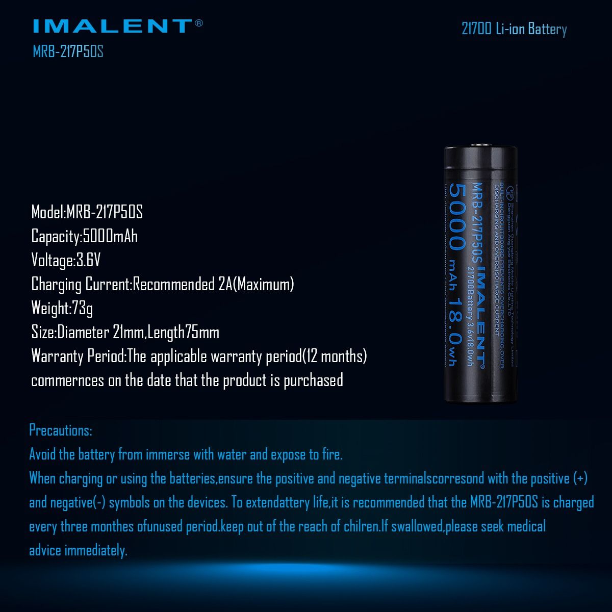 IMALENT MRB-217P50S: Batterie 21700 rechargeable Li-ion 5000mAh 3.6V pour longue autonomie