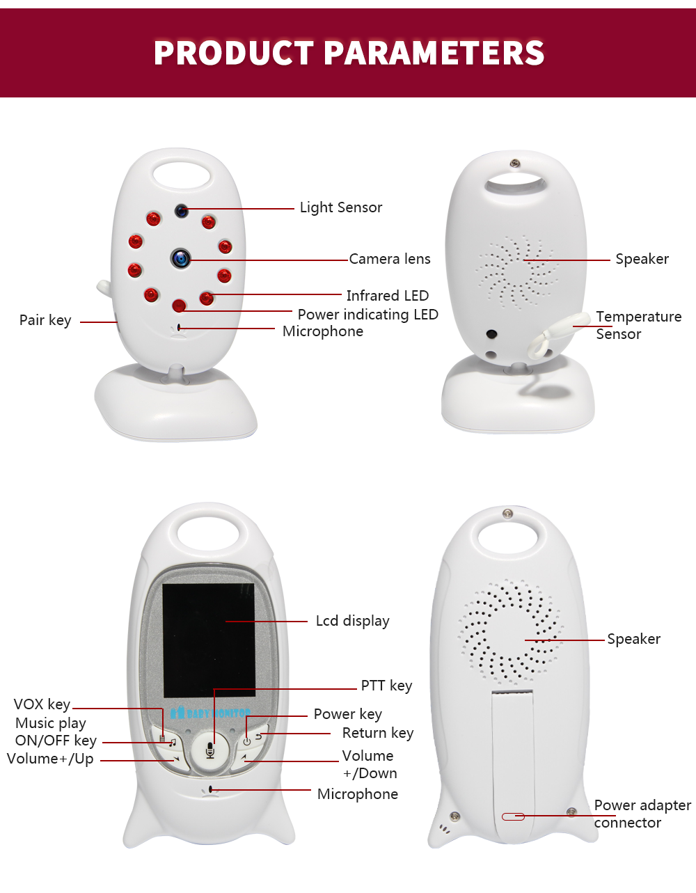 VB601 Moniteur bébé vidéo sans fil 2,4 GHz avec communication bidirectionnelle, vision nocturne et surveillance de la température.