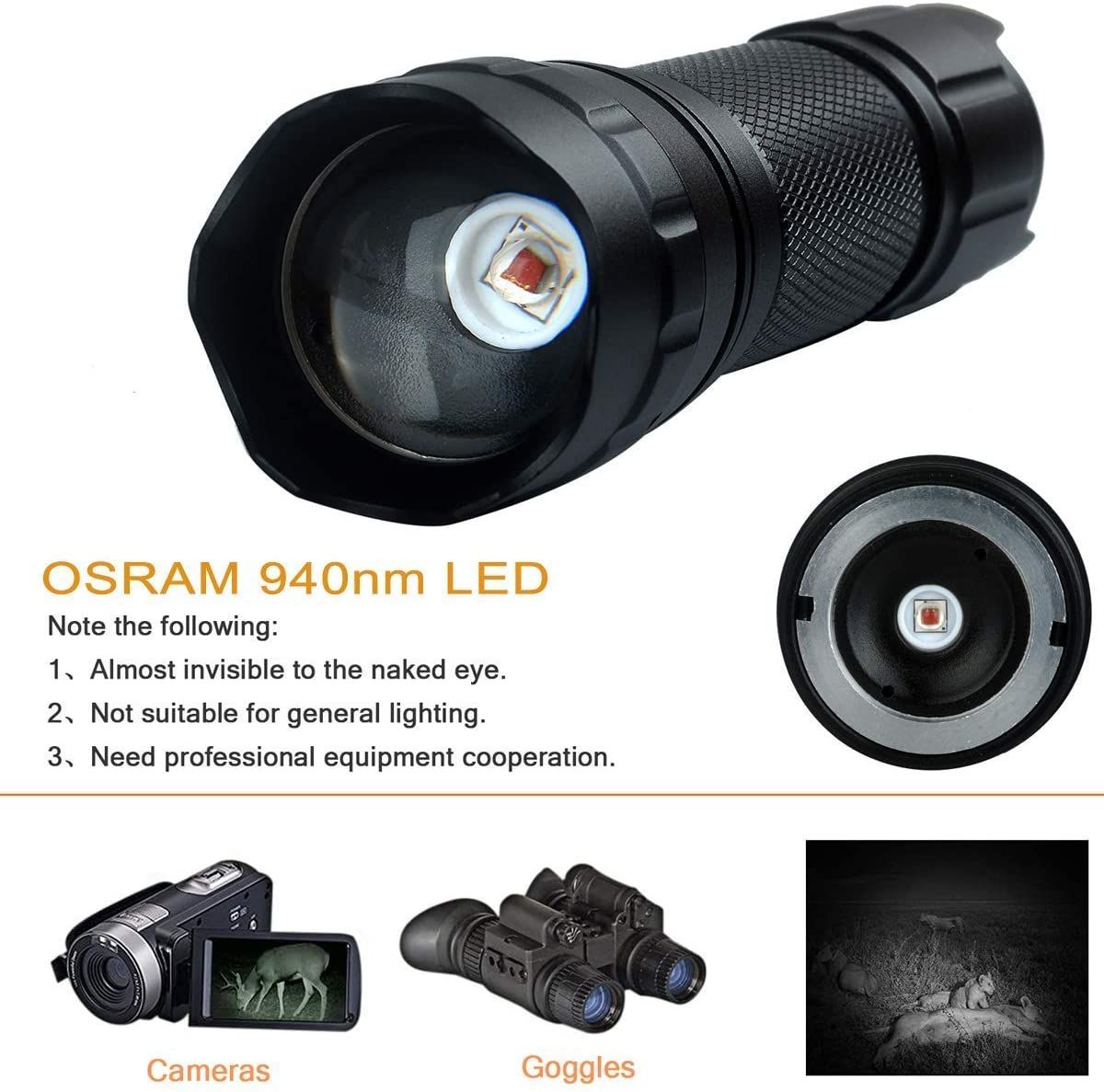 UltraFire Lampe torche IR LED 940nm à mise au point réglable et gradation sans crans pour vision nocturne, chasse et exploration de la faune sauvage