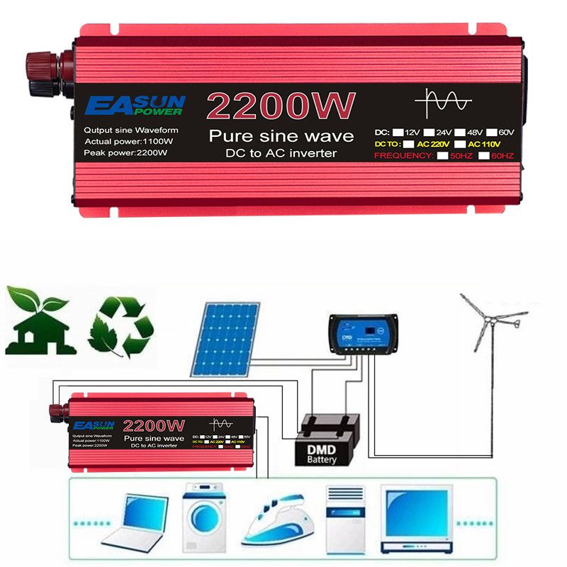 Onduleur à onde sinusoïdale pure 3000W 2200W 1600W 1000W Conception durable en aluminium-magnésium Haute efficacité Alimentation pour camping