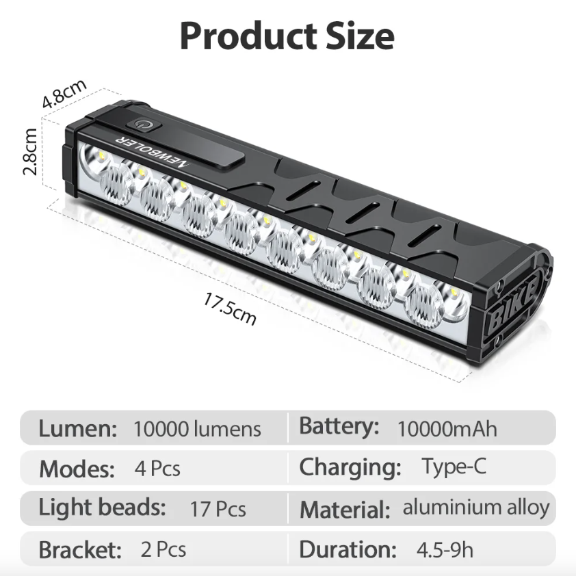 NITEBEAM 10000 Lumens Lampe de vélo avant ultra-lumineuse, étanche, rechargeable USB, pour la sécurité en VTT et cyclisme sur route