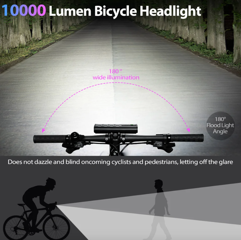 NITEBEAM 10000 Lumens Lampe de vélo avant ultra-lumineuse, étanche, rechargeable USB, pour la sécurité en VTT et cyclisme sur route