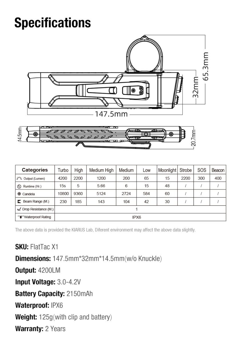 Klarus X1 Lampe torche tactique EDC ultra-fin LED Luminus SST-70 4200LM Lampe torche d'urgence extérieure