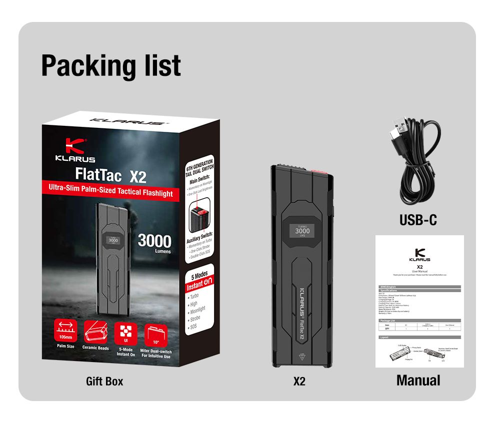 Klarus X2 Lampe Torche Tactique Ultra-Fine 3000 Lumens USB-C Rechargeable Compacte Puissante Sécurité