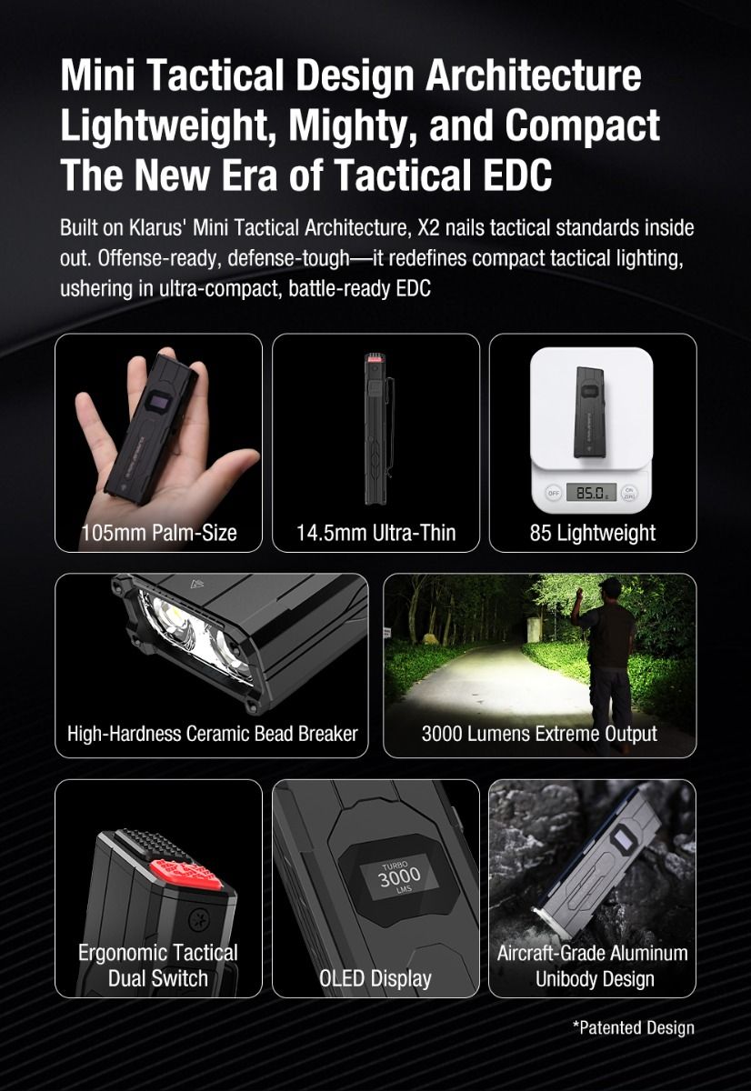 Klarus X2 Lampe Torche Tactique Ultra-Fine 3000 Lumens USB-C Rechargeable Compacte Puissante Sécurité