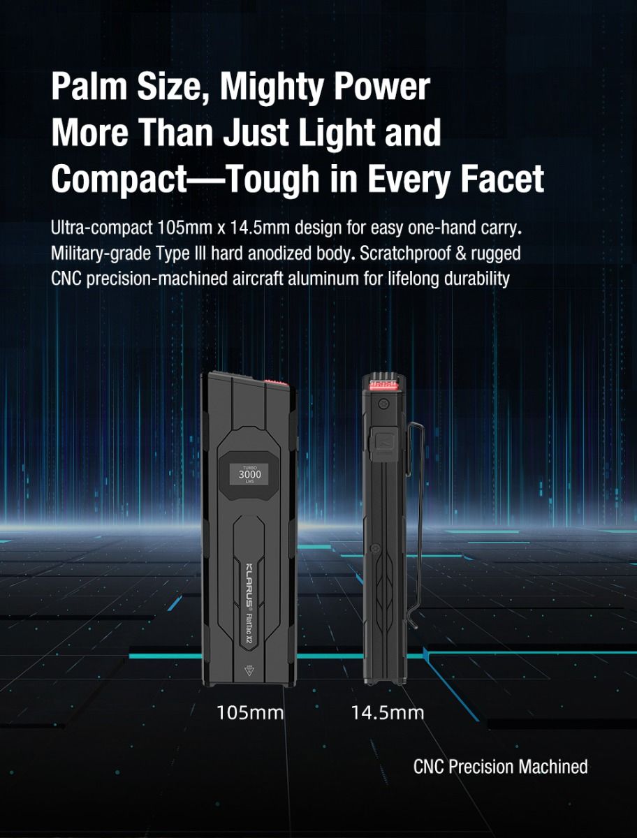 Klarus X2 Lampe Torche Tactique Ultra-Fine 3000 Lumens USB-C Rechargeable Compacte Puissante Sécurité