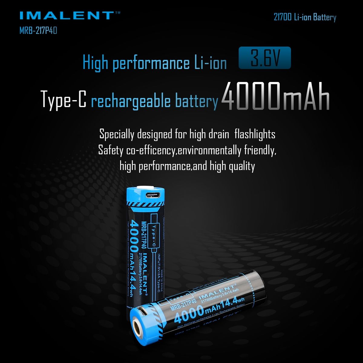 IMALENT MRB-217P40 Batterie 21700 4000mAh Type-C Rechargeable Haute Capacité pour Lampes de poche et Gadgets