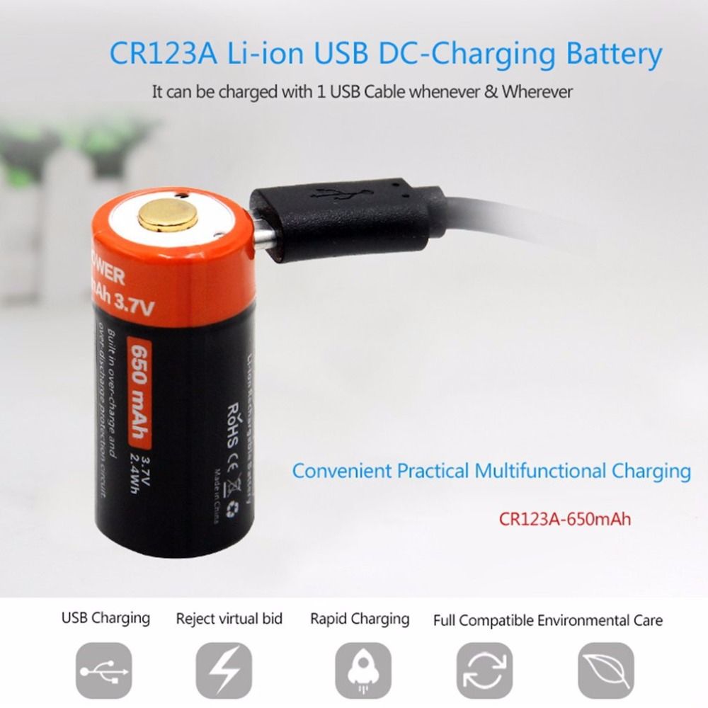 16340 650mAh 3.7V Batterie Li-ion rechargeable micro USB écologique et durable pour lampes de poche et équipements