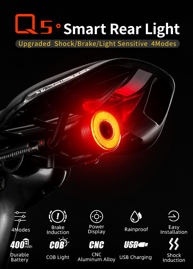 ROCKBROS Q5 Feu intelligent de vélo avec détection automatique de freinage, feu arrière LED étanche IPX6, équipement de sécurité cycliste