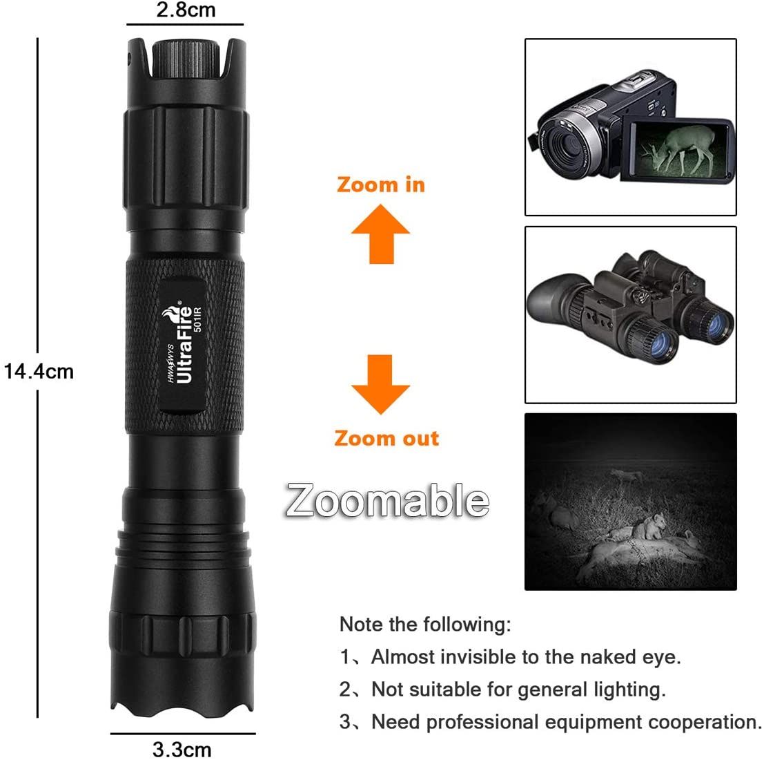 UltraFire Lampe torche IR LED 940nm à mise au point réglable et gradation sans crans pour vision nocturne, chasse et exploration de la faune sauvage