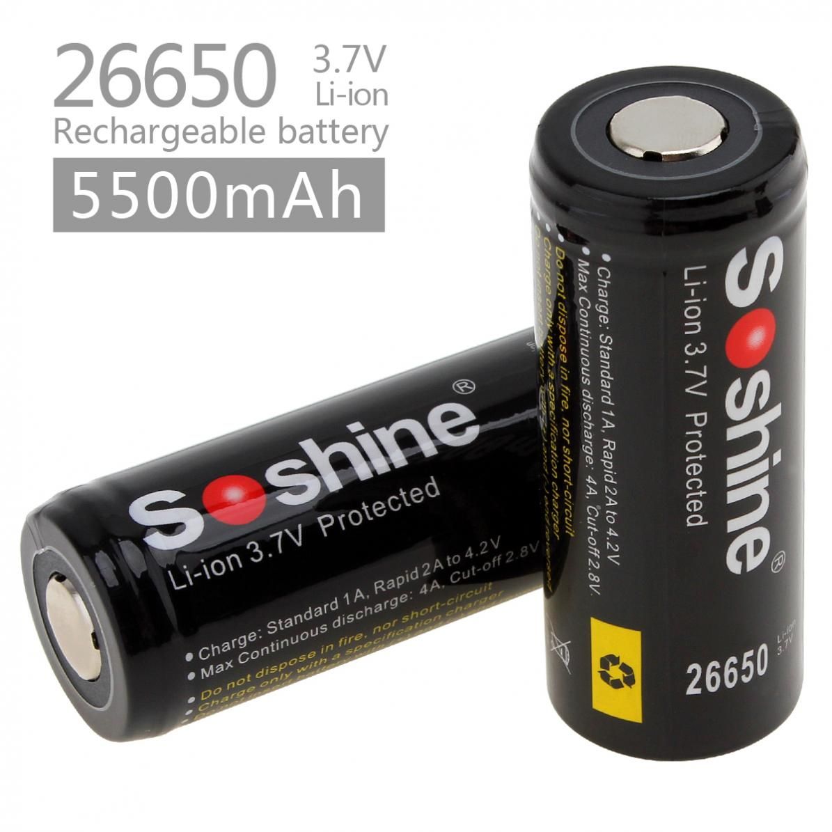 Soshine 26650 5500mAh Batteries rechargeables Li-ion Lot de 2 pour lampes de poche et outils électriques, utilisation durable