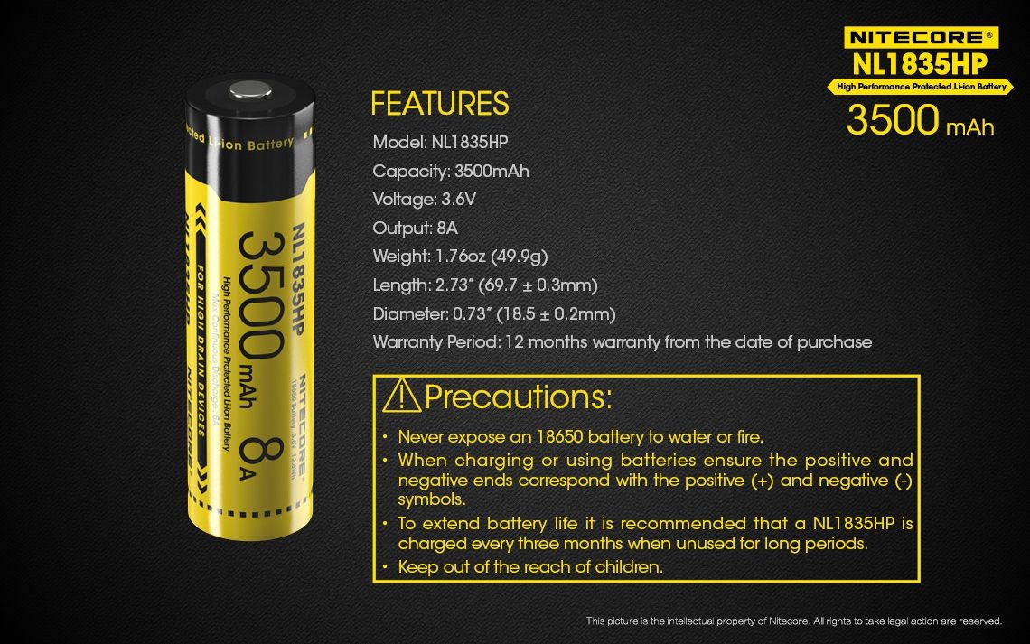 Nitecore NL1835HP Batterie rechargeable 3500mAh 18650 Haute Performance pour lampe de poche et gadgets technologiques