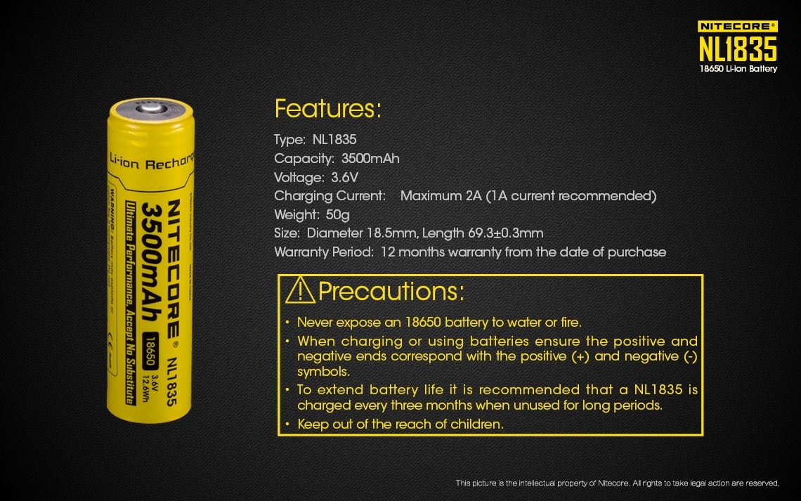 Batterie Li-ion rechargeable Nitecore 18650 NL1835 3500mAh pour une puissance durable et des performances fiables