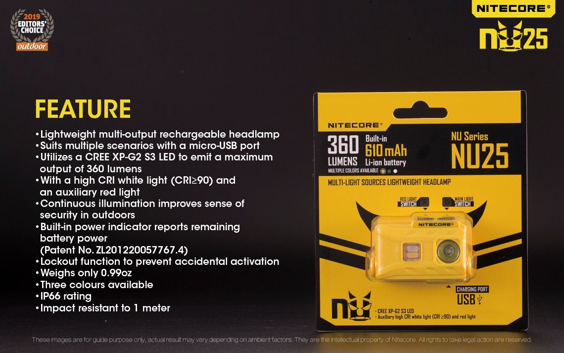 Nitecore NU25 XP-G2 S3 Lampe frontale rechargeable LED 360 lumens Accessoire léger pour l'aventure Éclairage extérieur