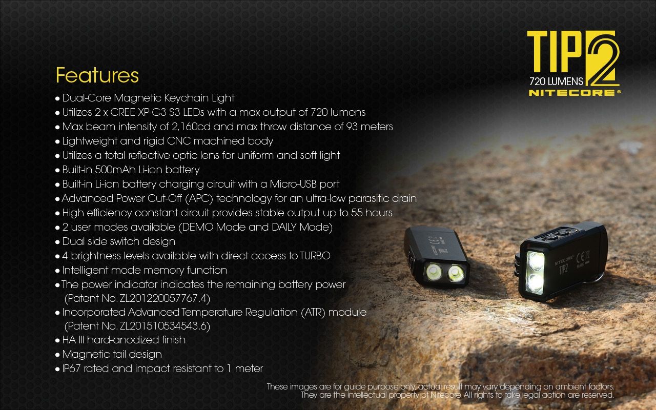 Lampe de poche porte-clés NITECORE TIP2 720 lumens, lumière LED rechargeable USB pour équipement de camping ou usage quotidien