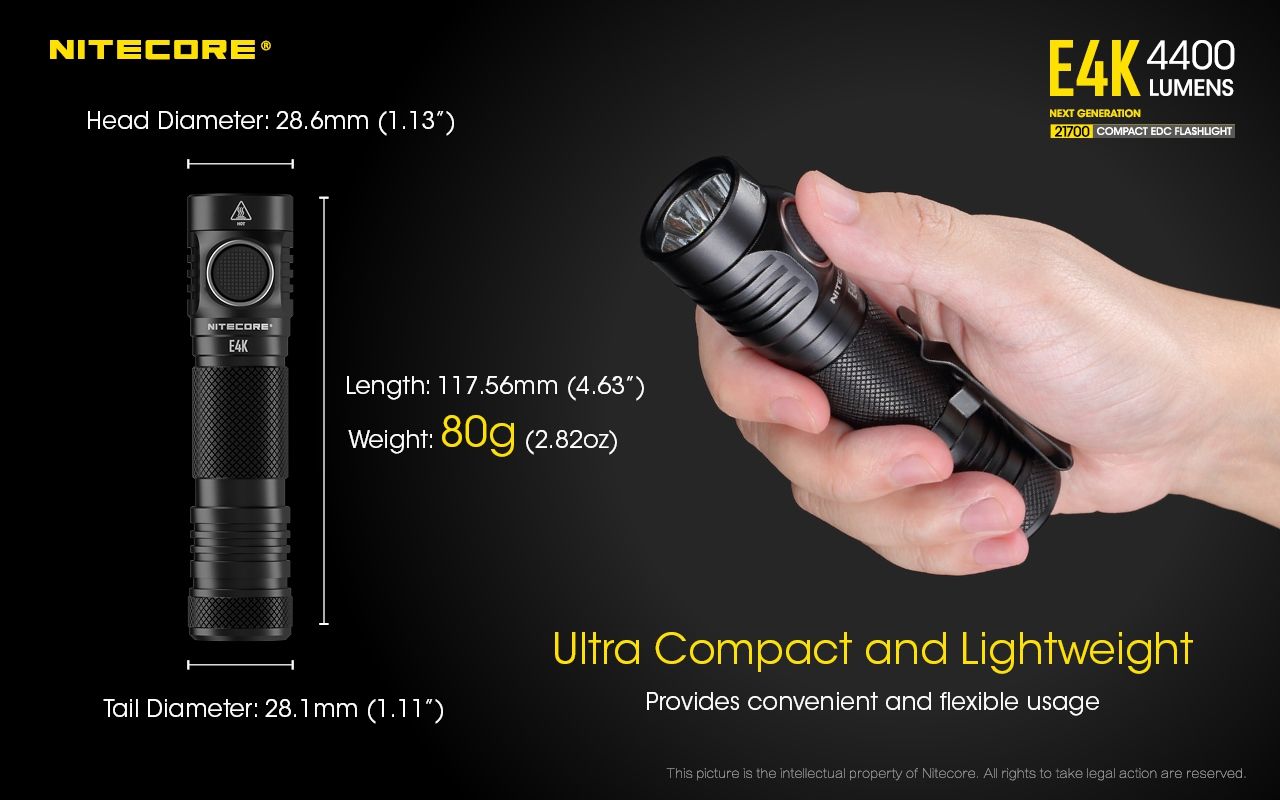 Nitecore E4K 4400 Lumens Lampe de poche EDC compacte, portable et durable avec système optique avancé