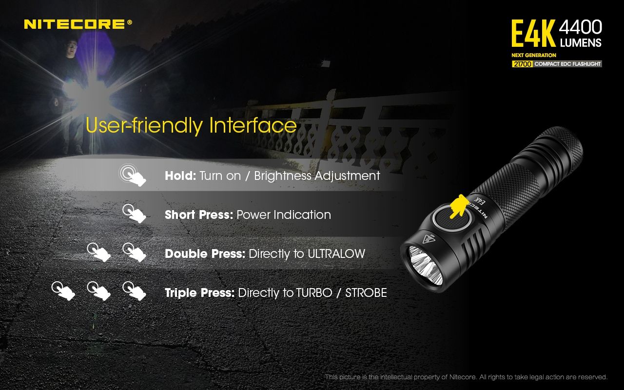 Nitecore E4K 4400 Lumens Lampe de poche EDC compacte, portable et durable avec système optique avancé
