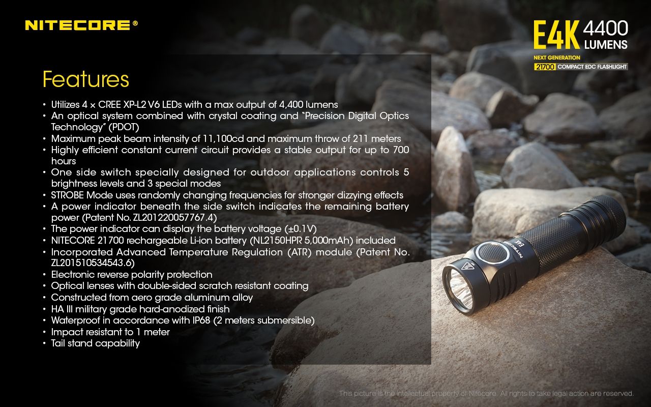 Nitecore E4K 4400 Lumens Lampe de poche EDC compacte, portable et durable avec système optique avancé
