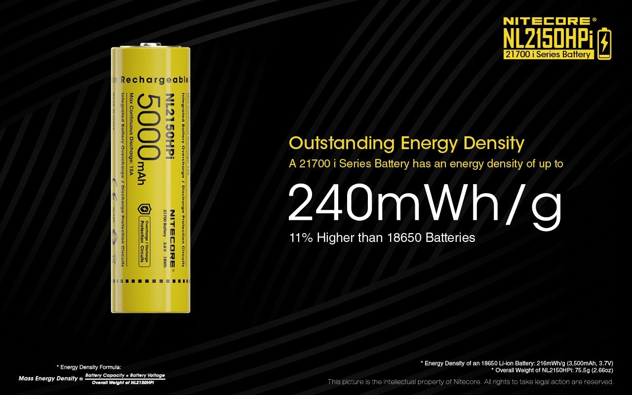 NITECORE NL2150HPi 5000mAh 21700 Batterie rechargeable Li-ion Haute Performance pour lampe de poche et vape