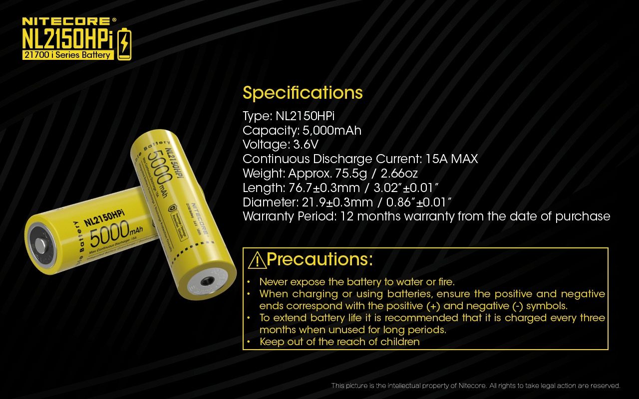 NITECORE NL2150HPi 5000mAh 21700 Batterie rechargeable Li-ion Haute Performance pour lampe de poche et vape