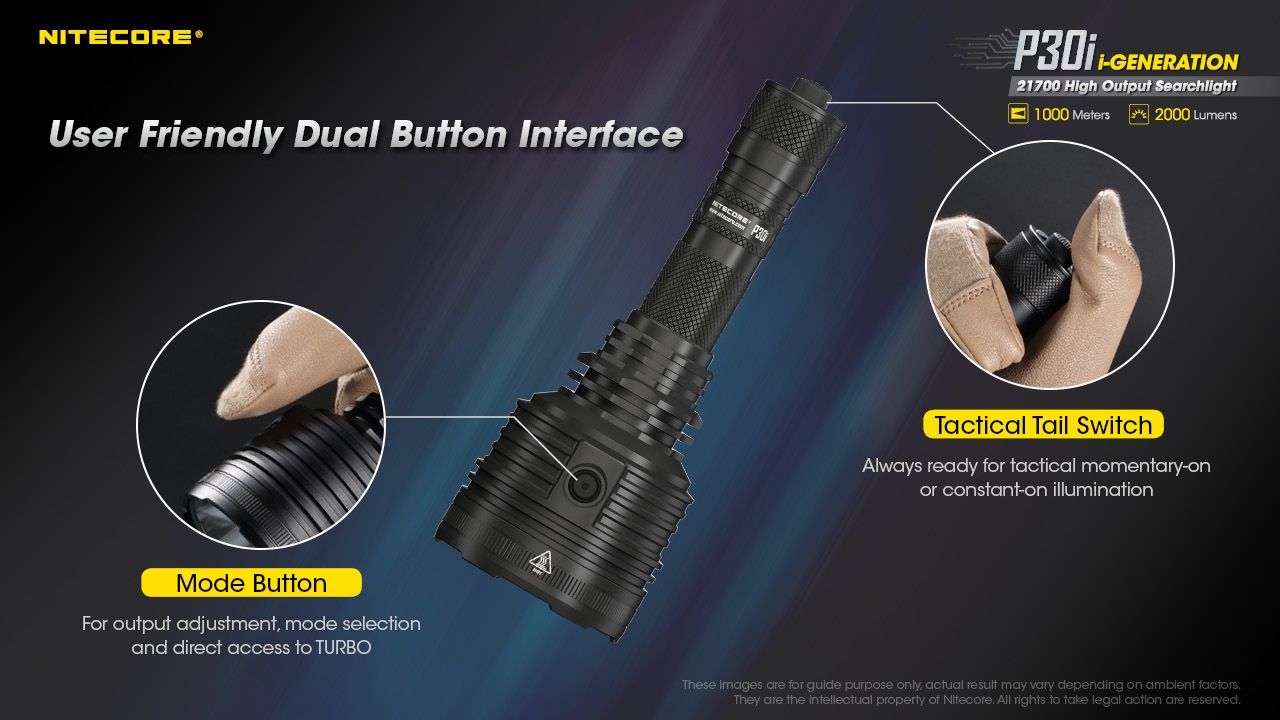 Découvrez la lampe torche tactique Nitecore P30i à LED XHP35 HI de 2000 lumens avec une portée de 1000 mètres, un éclairage extérieur robuste.