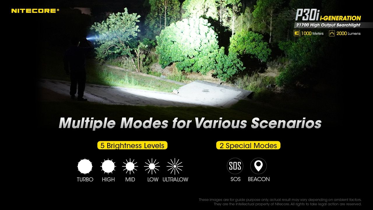 Découvrez la lampe torche tactique Nitecore P30i à LED XHP35 HI de 2000 lumens avec une portée de 1000 mètres, un éclairage extérieur robuste.