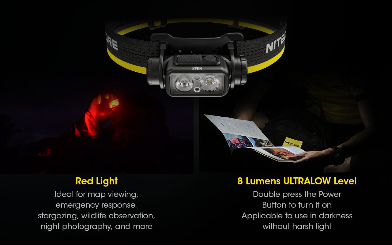 Lampe frontale rechargeable NITECORE NU43 1400 lumens lumière blanche et rouge pour camping en plein air