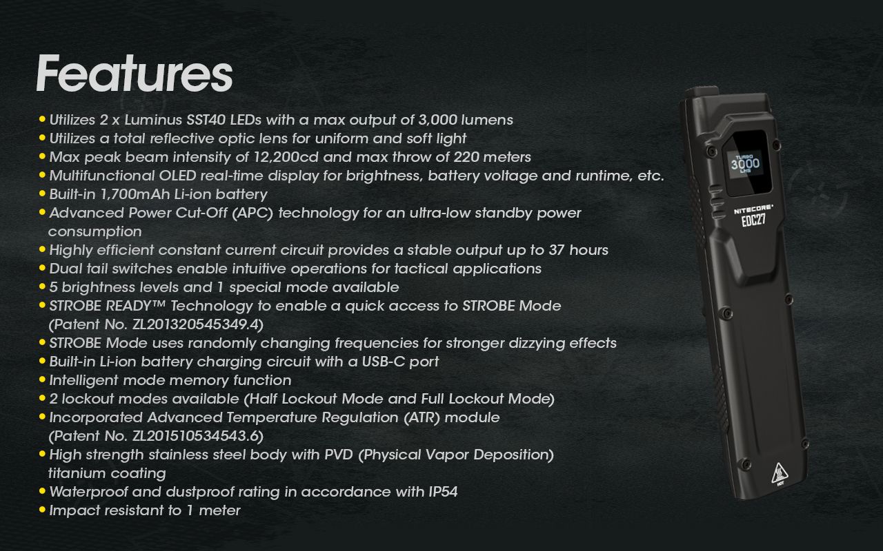 NITECORE EDC27 Lampe de poche rechargeable légère de 3000 lumens pour aventures en plein air et préparation aux situations d'urgence
