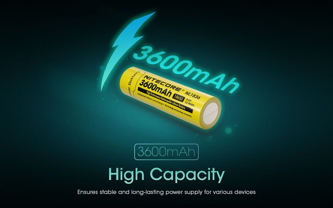 Pile Nitecore 18650 NL1836 rechargeable Li-ion 3600mAh, haute capacité, protection intelligente