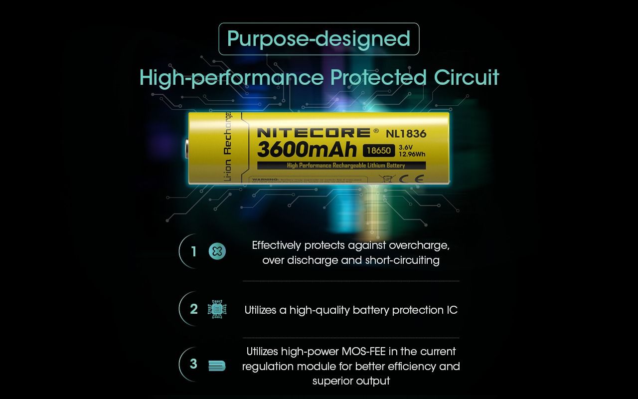 Pile Nitecore 18650 NL1836 rechargeable Li-ion 3600mAh, haute capacité, protection intelligente