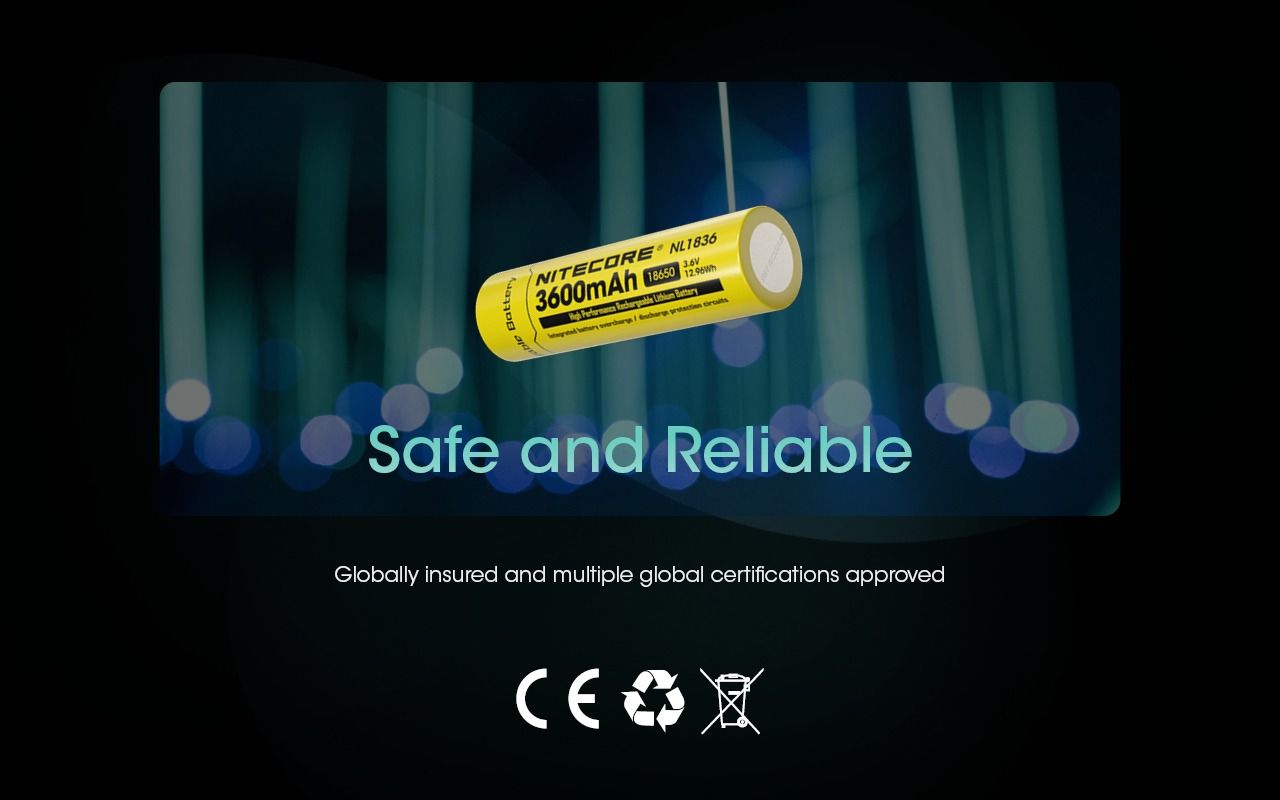 Pile Nitecore 18650 NL1836 rechargeable Li-ion 3600mAh, haute capacité, protection intelligente