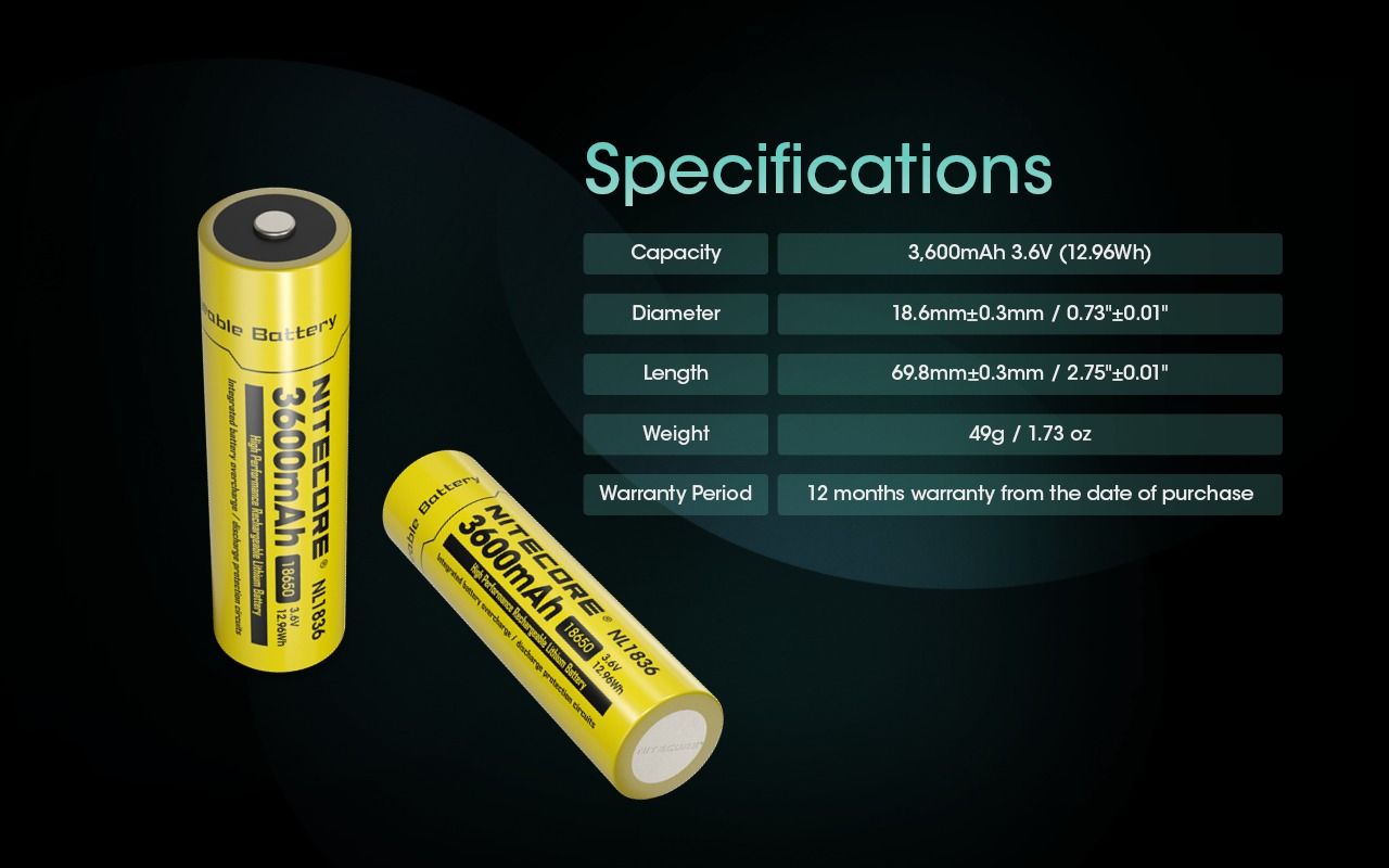 Pile Nitecore 18650 NL1836 rechargeable Li-ion 3600mAh, haute capacité, protection intelligente