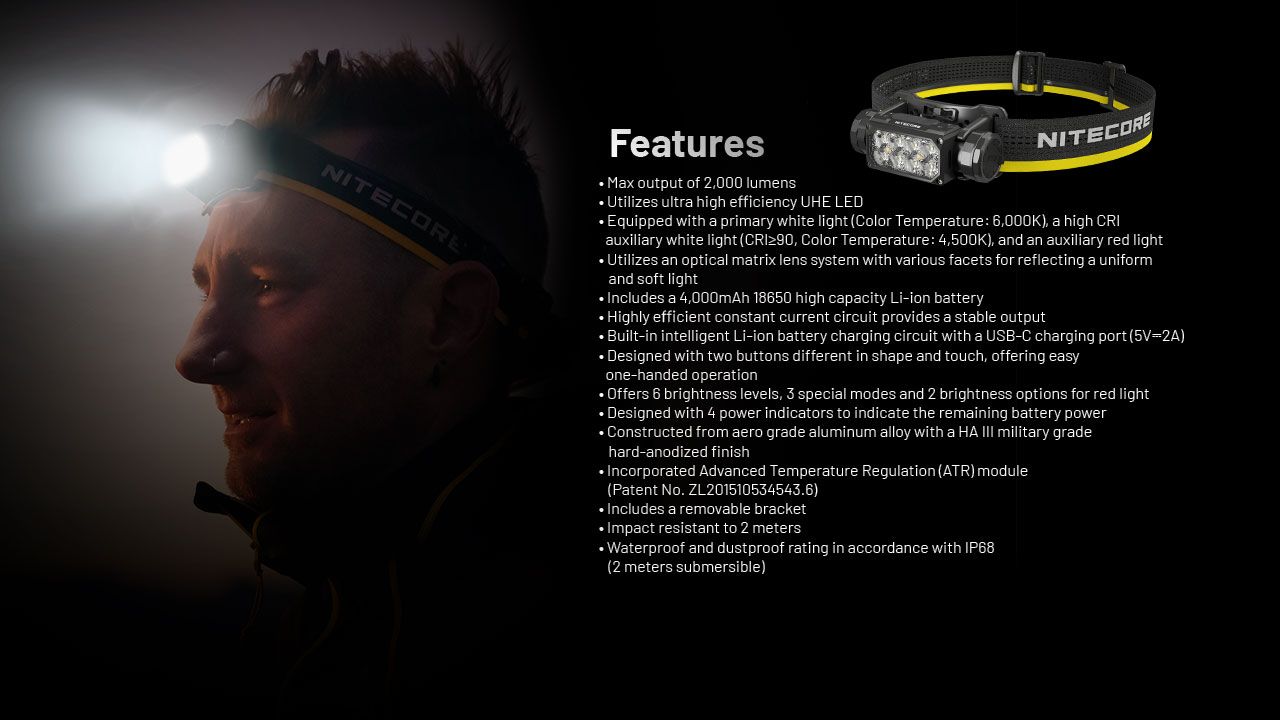 NITECORE HC65 UHE Lampe frontale 2000 lumens rechargeable USB-C LED pour camping et randonnée, longue autonomie