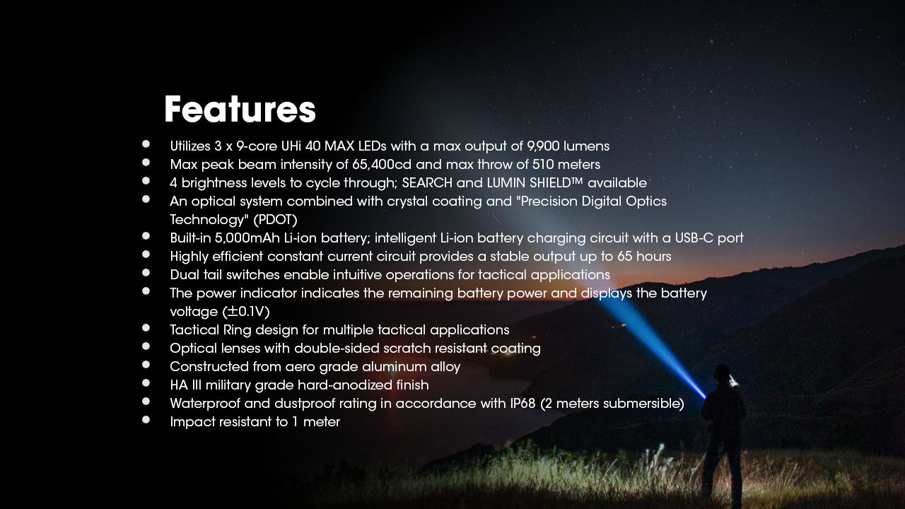 Nitecore TM9K PRO 9900 Lumens Lampe de poche rechargeable durable avec USB-C et faisceau de 510 m pour les aventures en plein air